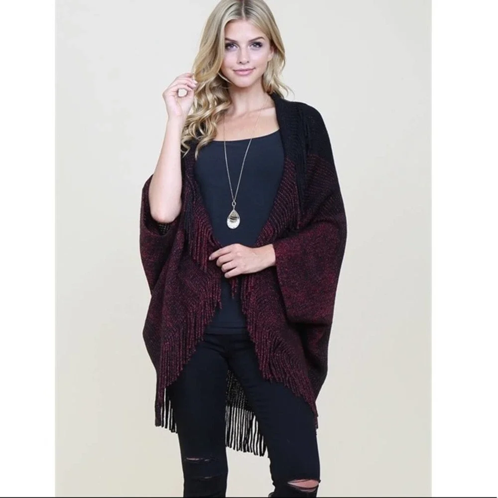 Oversized Fringe Blanket Cardigan burgundy 3 Tone - Picture 2 of 3